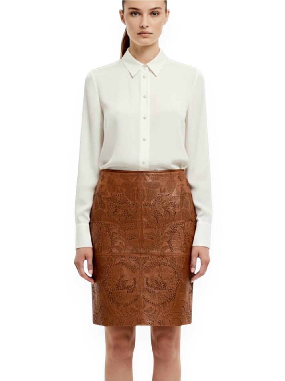 Lauren Ralph Lauren Brown 100% Leather Laser Cut Woven Pencil Skirt NWT New 4 8
